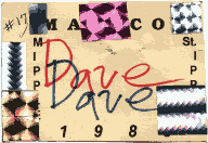 Maxicon 1 badge, reading 'MAXICON MIPPLE St. IPPLE 1993' with handwritten 'Dave' and lots of holographic stickers