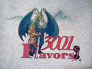 Minicon 31 t-shirt back: '3001 Flavors' with a dragon and a hero guy with a sword