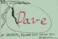 An Anokon 2 badge.  It has a picture of, I think, a claw breaking out of an egg.  In the upper left corner it says '33', 'Dave' is handwritten on the egg, and at the bottom it says 'At Anokon, no one willhear you scream...