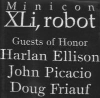 Minicon 41 shirt photo, back, reading: 'Minicon XLi, robot. Guests of Honor: Harlan Ellison, John Picacio, Doug Friauf