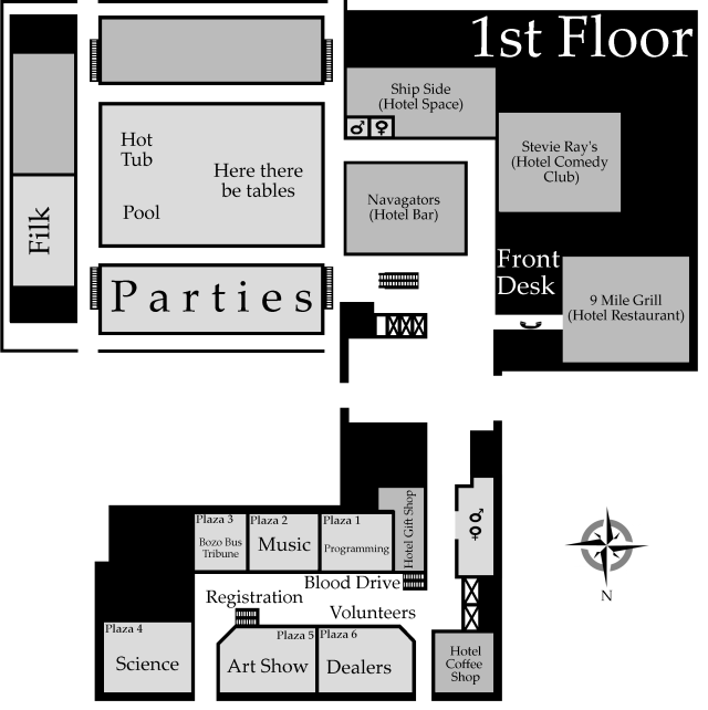 Minicon 42 first
floor map: Filk is in 115, parties are on the north side of the pool,
Plaza 1 has programming, Plaza 2 has Music, Plaza 3 has the Bozo Bus 
Tribune, Plaza 4 is the Science Room, Plaza 5 has the Art Show, Plaza
6 has Dealers.