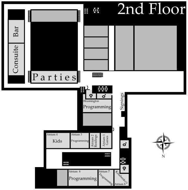 Minicon 42 second
floor map: The Consuite and the Bar are in the east suites overlooking
the pool, parties are in the north rooms overlooking the pool,
Bloomington has programming, there are signings outside Bloomington,
Atrium 1 has Games, Atrium 2 has readings, Atrium 3 has programming,
Atrium 4 has kids' programming, Atrium 5 is unused, Atrium 6 has
programming, Atrium 7 has programming and Atrium 8 is Krushenko's.